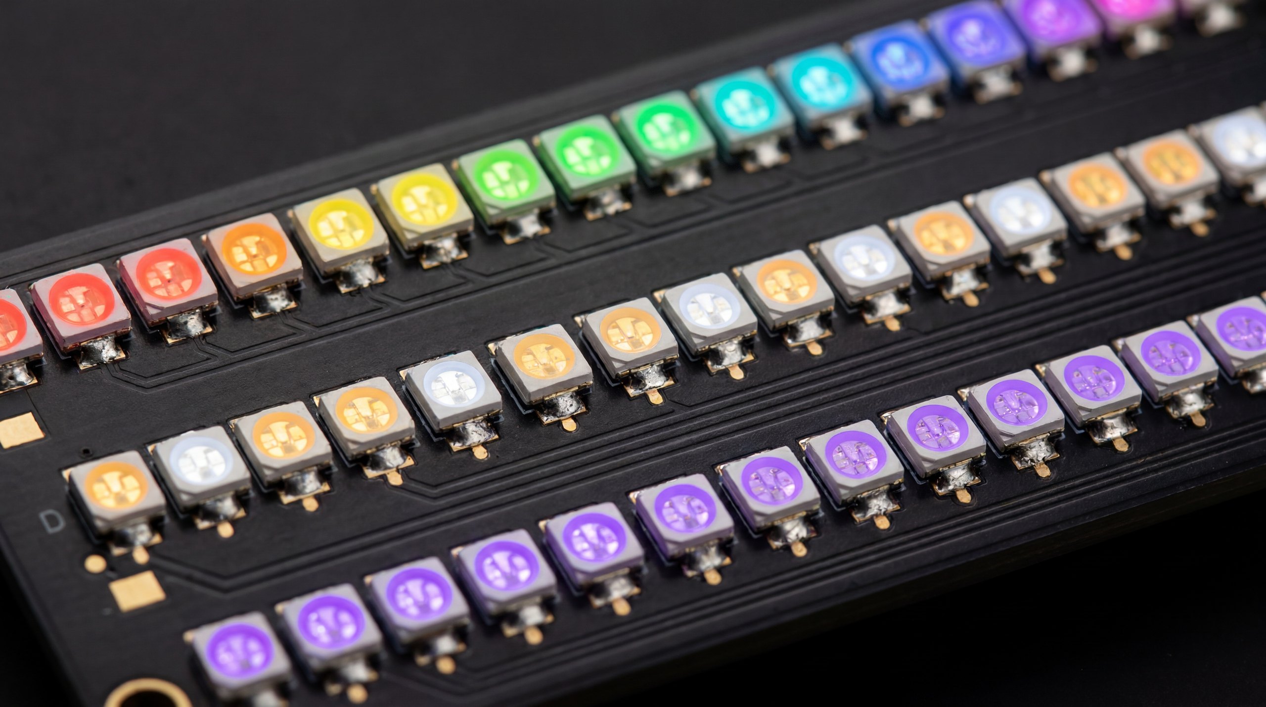 Macro dos LEDs da Lumx Bar nas três fileiras